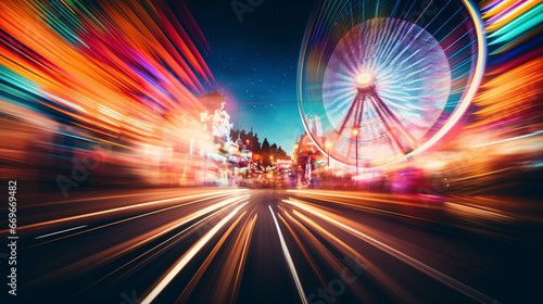 A captivating long-exposure pic displaying the hypnotic glows of hued light put out by a swivel-wheel amidst a resplendent carnival ambiance.