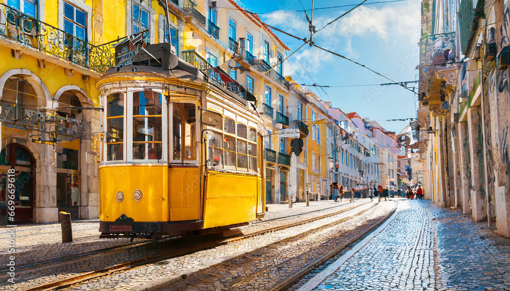Yellow vintage tram on the street in Lisbon, Portugal. Famous travel destination - obrazy, fototapety, plakaty 