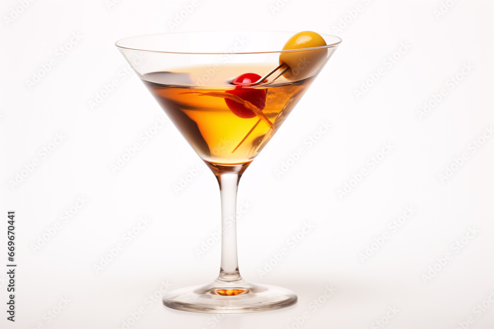 A filthy Manhattan cocktail served in a triangular glass, on a pallid background.