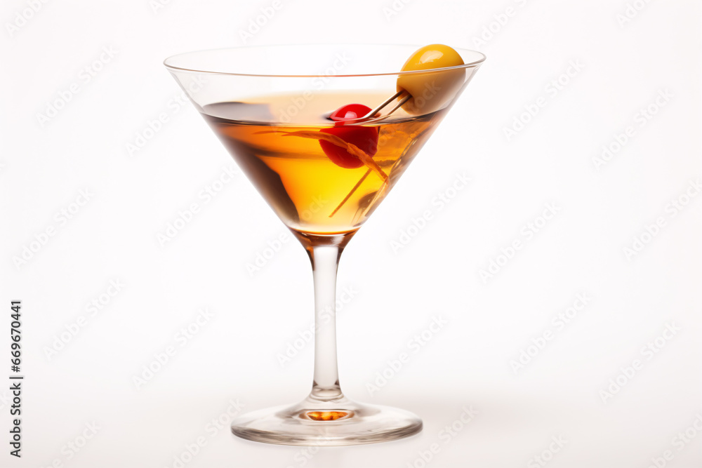 A filthy Manhattan cocktail served in a triangular glass, on a pallid background. A filthy Manhattan cocktail served in a triangular glass, on a pallid background.