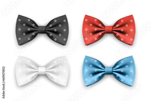 Vector 3d Realistic Black, White, Red, Blue Bow Tie Set Isolated on White Background. Silk Glossy Bowtie, Tie Gentleman. Mockup, Design Template. Bow tie for Man. Mens Fashion, Fathers Day Holiday