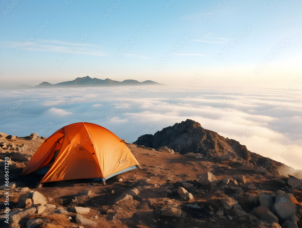 Camping with friends near lake and mountain, camping tent setup near river or mountain on afternoon or morning, hiking and camping on hill-side, enjoying vacation on camping, ai generated
