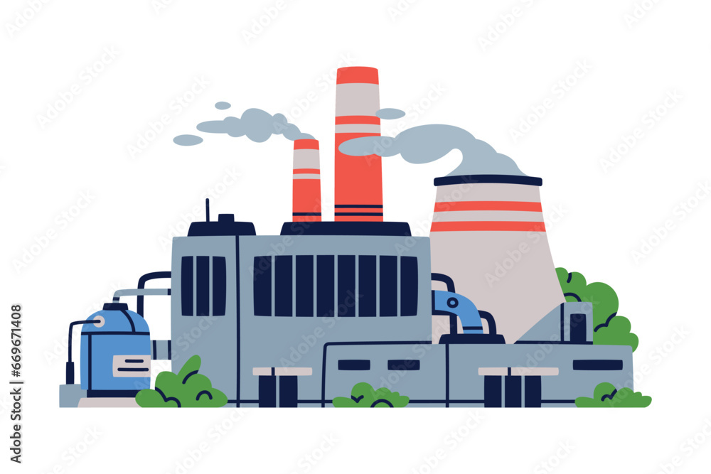 Factory as Industrial Manufacturing Building with Chimney Vector Illustration