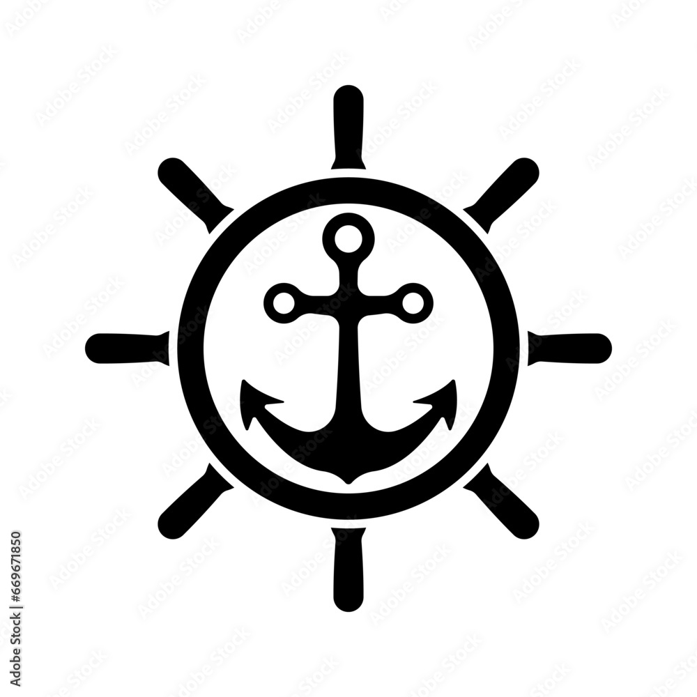 Ship anchor and steering wheel icon. Black silhouette. Front view. Vector simple flat graphic illustration. Isolated object on a white background. Isolate. Ship anchor and steering wheel icon. Black silhouette. Front view. Vector simple flat graphic illustration. Isolated object on a white background. Isolate.