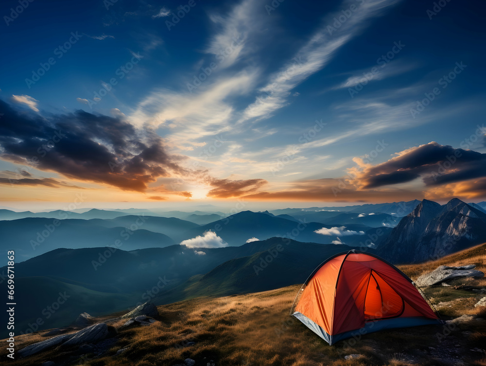 Camping with friends near lake and mountain, camping tent setup near river or mountain on afternoon or morning, hiking and camping on hill-side, enjoying vacation on camping, ai generated