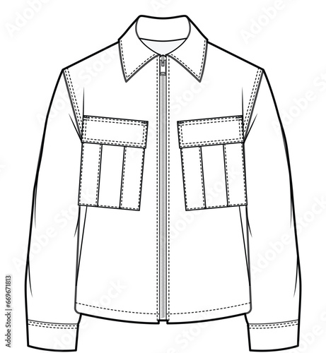 mens long sleeve zipper front utility jacket flat sketch vector illustration technical cad drawing template