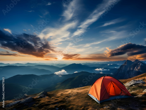 Camping with friends near lake and mountain  camping tent setup near river or mountain on afternoon or morning  hiking and camping on hill-side  enjoying vacation on camping  ai generated