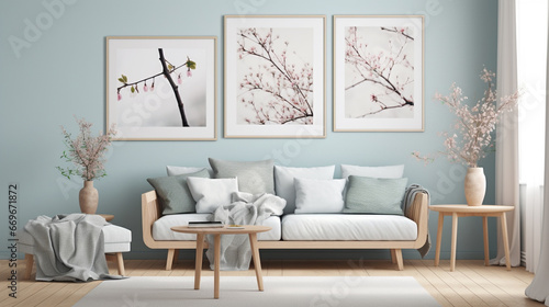 Warm and Cozy Composition of spring living room interior with photo