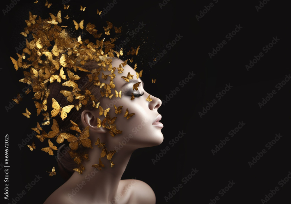 A girl with a head filled with butterflies, butterflies in her head, butterflies flying out of the girl's head, aerial photo