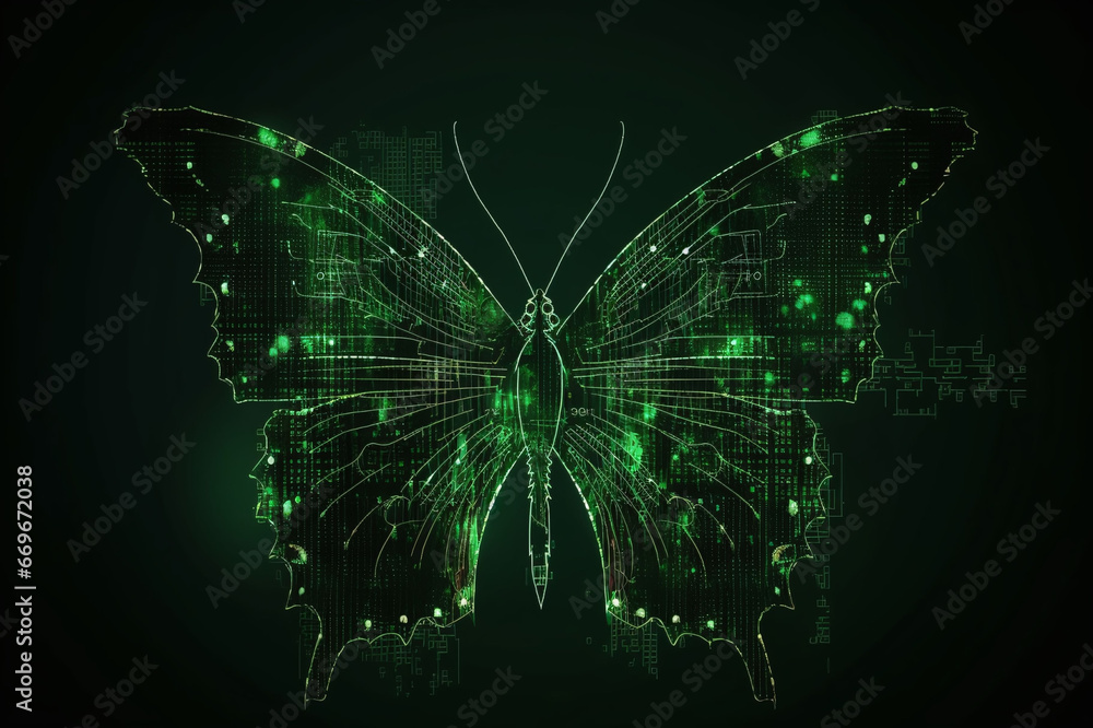 Digital, green butterfly consisting of lines, dots and shapes. Light connection structure using frame technology.