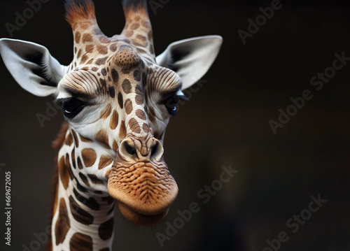 Close-up photo of a giraffe's head, against a black background.