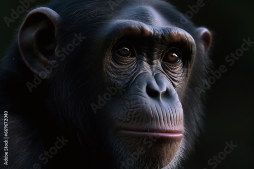 Portrait of a monkey with bright eyes looking at the camera. Close-up portrait of a chimpanzee.