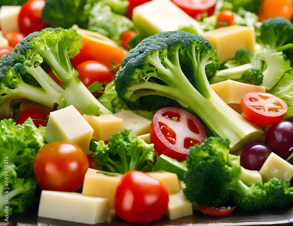 fresh vegetable salad where we can find celery, cheese, lettuce, broccoli, bamboo shoots and tomatoes, food concept, generative ai	