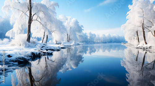 Beautiful winter landscape with a frozen lake and trees covered with hoarfrost. Generative AI technology. © Grycaj