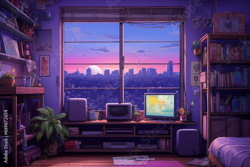 Charming Anime Room: Vintage Television, Posters, Cozy Bookshelves, Lo-Fi Palette, and Purple Hues in Cartoonish Delight 