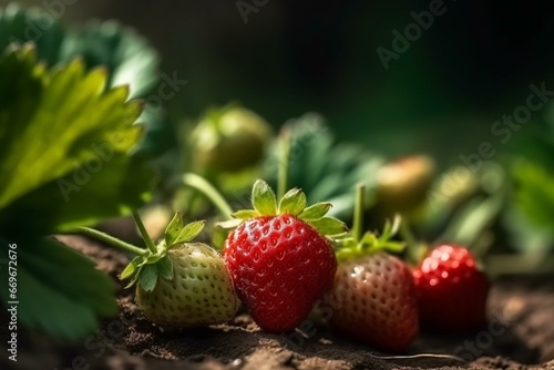 Close-up of ripe organic strawberry bush in the garden. Crop of natural strawberries. Generative AI