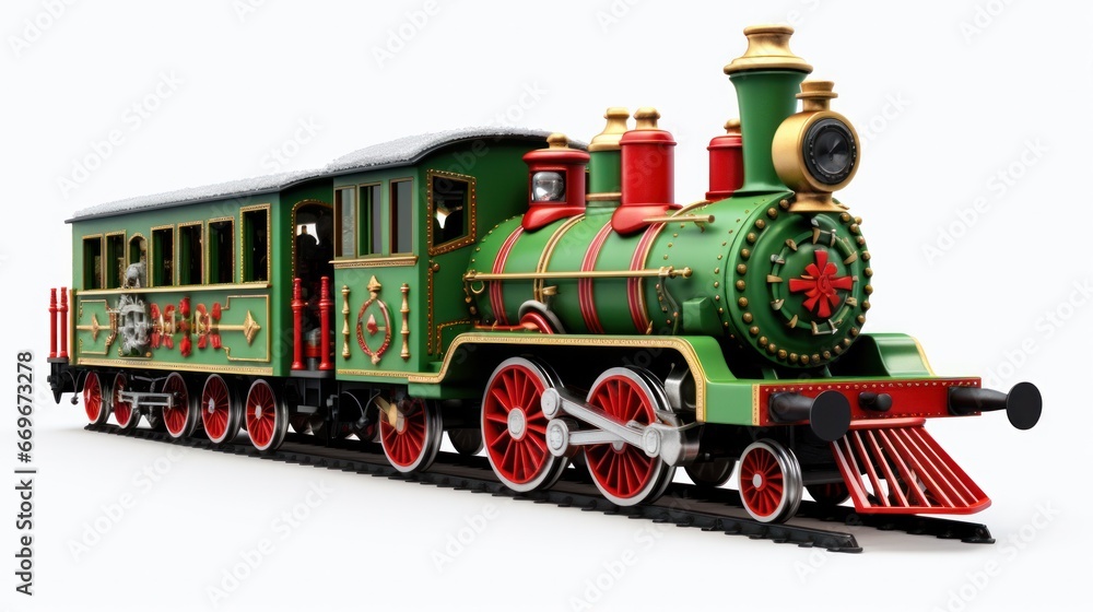 Fototapeta premium Automotive: Vibrant Green Christmas Train with Red Wheels Chugging Forward on White Background