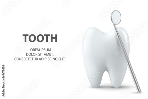 Vector 3d Realistic Tooth and Dental Mirror Closeup Isolated on White Background. Medical Dentist Banner. Design Template  Clipart  Mockup. Dentistry  Healthcare  Hygiene Concept
