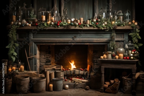 A rustic  country-style fireplace mantle decorated with holly  stockings  and a crackling fire.