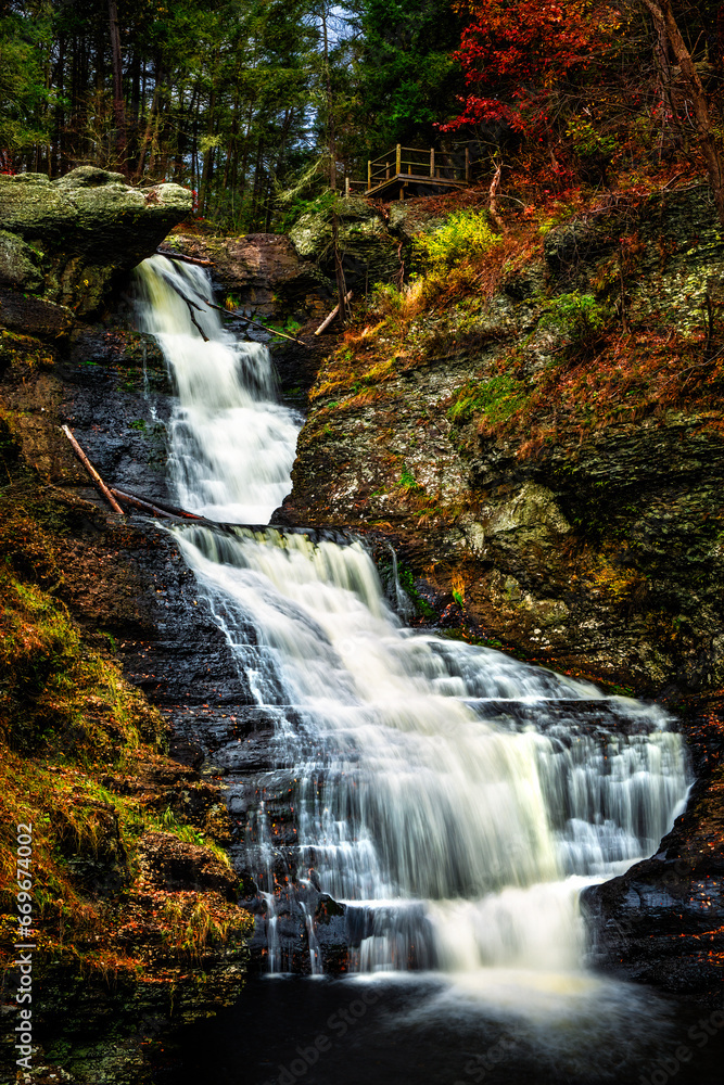 Raymondskill Falls in the Poconos, Pennsylvania. Raymondskill Falls, at over 150 feet, is the tallest waterfall in Pennsylvania.