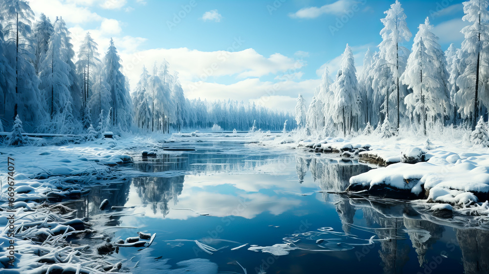 Beautiful winter landscape with a frozen lake and trees covered with hoarfrost. Generative AI technology.