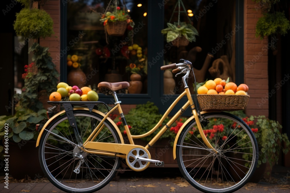 A vintage bicycle with a basket of fresh fruits.