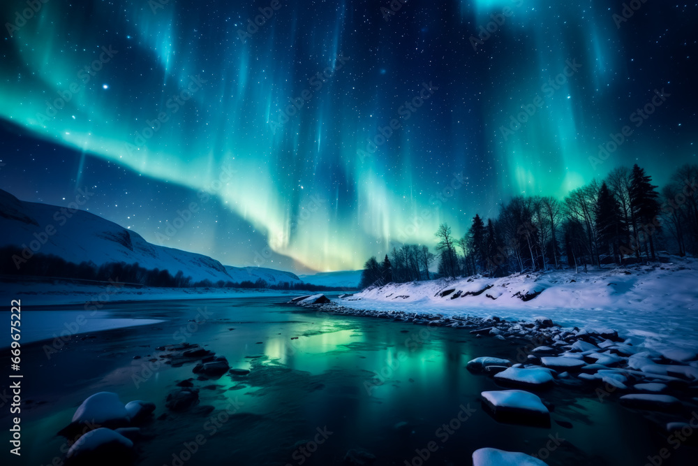 Naklejka premium Aurora Borealis illuminating dark winter sky background with empty space for text