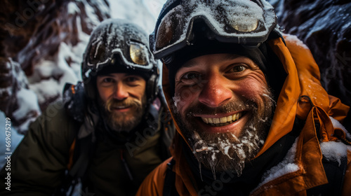 Enthusiastic cavers exploring hidden snow caves in chilly high-altitude surroundings  © fotogurmespb