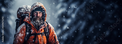Experienced skier survival trekking in heavy snowfall remote mountainous wilderness 