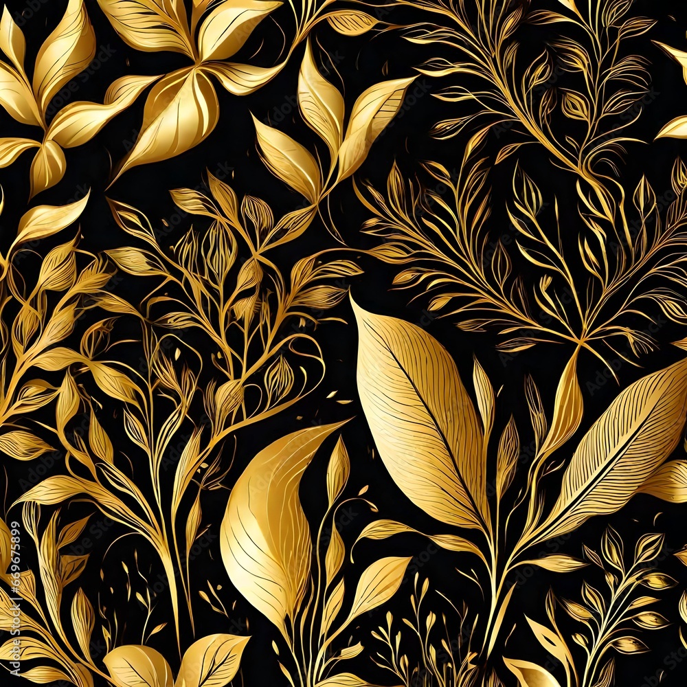 golden colored plants and leaves pattern illustration on a black background golden colored plants and leaves pattern illustration on a black background