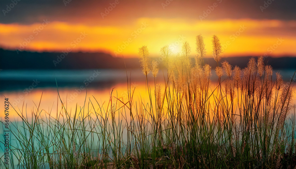 Grass on the shore of the lake at sunset. Abstract nature background.