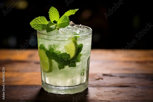 A refreshing cocktail made with fresh mint, lime, sugar, and rum. Generative AI