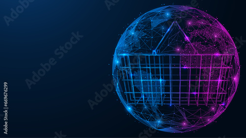 Shopping basket on the background of the globe. Polygonal design of interconnected elements.