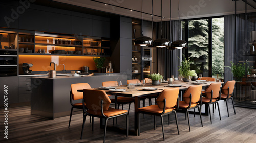 Modern Aesthetic Dining Room with dark and orange theme