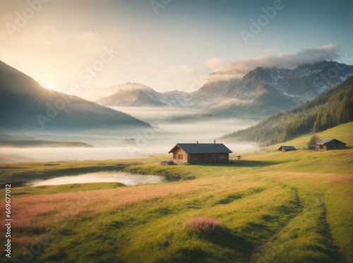 A landscape of a spring meadow with light fog and mountains and a hunting hut with a calm lake nearby