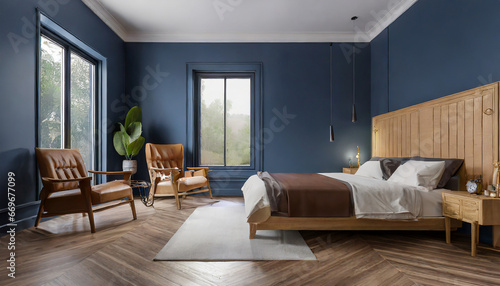 Modern mid century and minimalist interior of Bedroom ,wood bed and bedside table with leather armchair on dark blue wall and wood floor