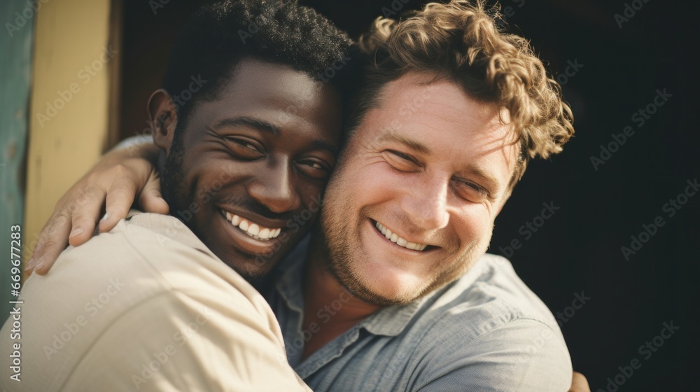 Two men hug each other. International hug day Two men hug each other. International hug day