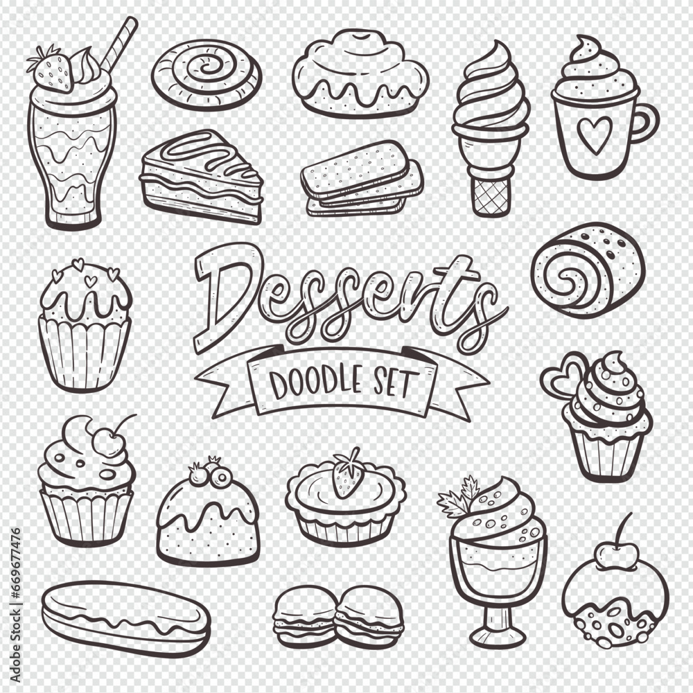 Dessert products isolated on white background. Cupcakes, sweets, ice creams, and pastries. Hand-drawn illustration. Isolated doodle items. Vector illustration. Set 1 of 2.