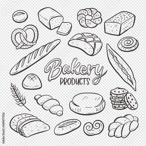 Bread and bakery products isolated on white background. Hand-drawn doodle illustration. Bakery good set. Vector illustration. Set 1 of 2.