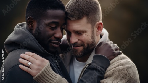 Two men hug each other. International hug day