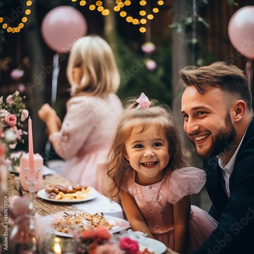 Cute little girl with her parents at the table on the birthday party