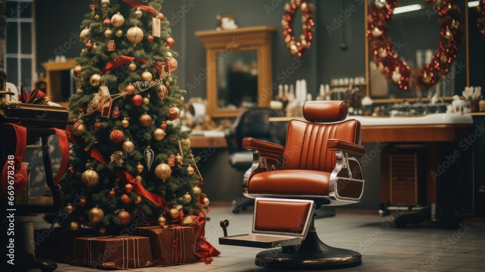 Fototapeta premium Barbershop Christmas: Gift-Filled Tree and Chic Barber Chair with Business Card