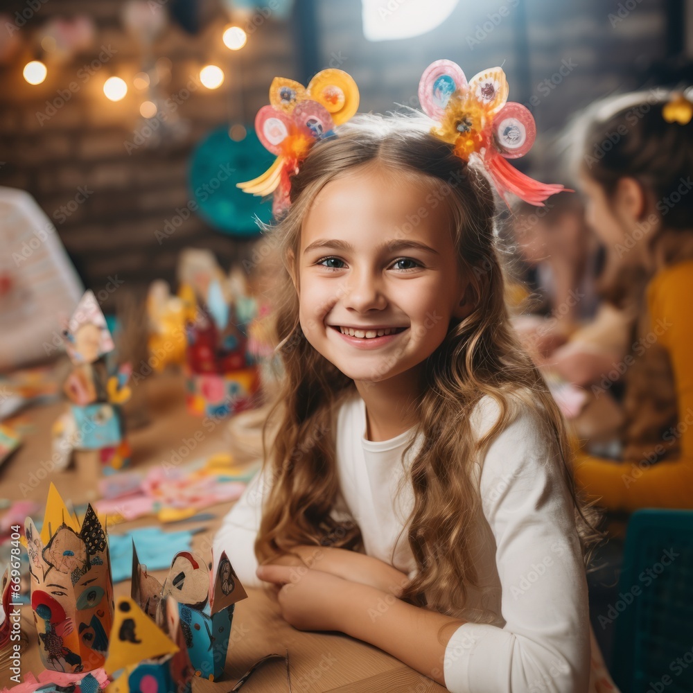 Beautiful little girl smiling and looking at camera in her room with her friends Beautiful little girl smiling and looking at camera in her room with her friends