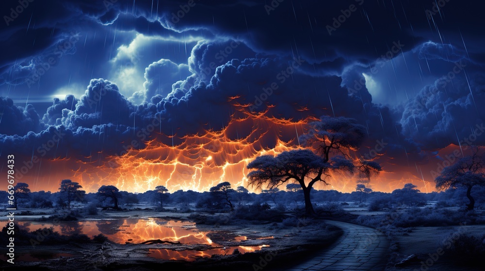 Fury of blue lightening and fire on a fantasy battlefield