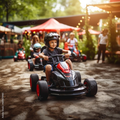 Happy little boy driving a toy car in amusement park. Kids having fun outdoors.