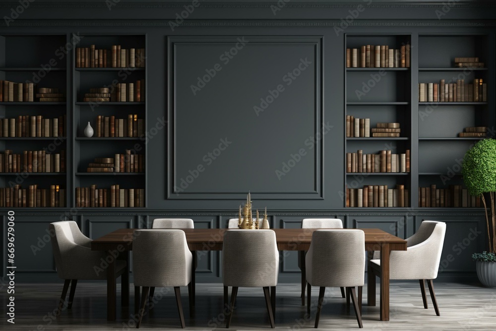 Interior of a gray boardroom with bookshelves. Generative AI