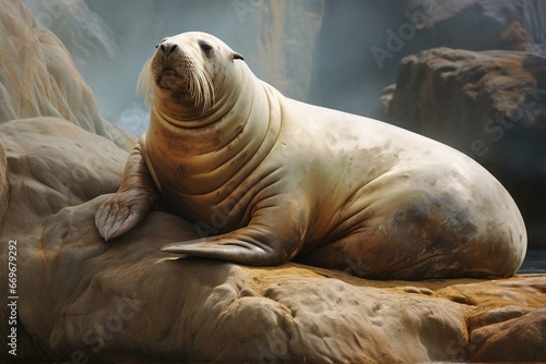 A large marine mammal resting on a stone. Generative AI © Sofia