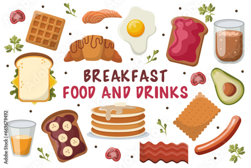 Set of food and drinks for breakfast. Banner, card, poster for a restaurant or cafe. Croissant, toast with jam, chocolate spread, coffee, pancakes, waffle, bacon, egg, juice, sausage, avocado, salmon.