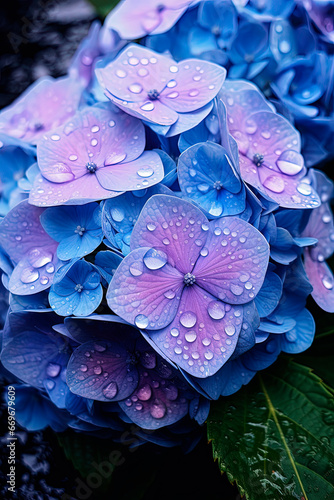 A bunch of blue flowers with water droplets on them. A hydrangea plant. Generative AI