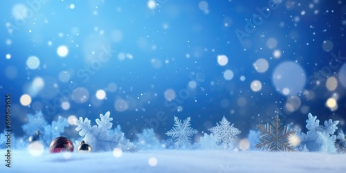  Blue Holiday Background with Snowflakes and Bokeh Lights - a 3D Rendered Image for Merry Christmas photo